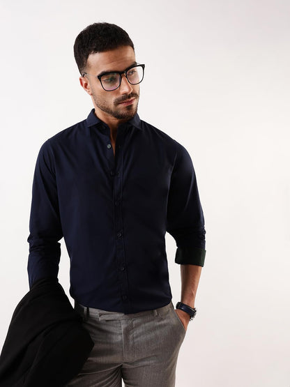 Dennis Lingo Men Navy Solid Spread Collar Full Sleeves Regular Fit Cotton Casual Shirt