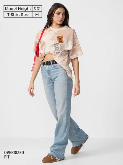 The Souled Store Travel Women and Girls Short Sleeves Round Neck Beige All Over Printed Cotton Oversized T-Shirts