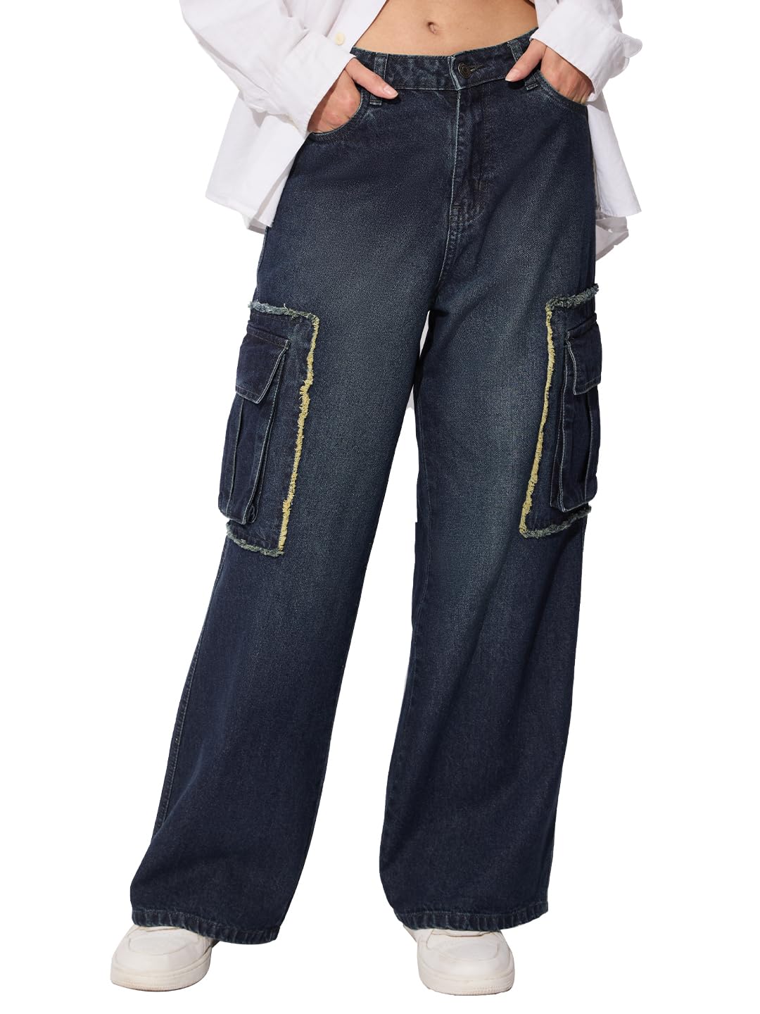 The Souled Store Wideleg Jeans : Sulphur Blue Wash Women and Girls Wide Leg Fit Cotton Cargo Jeans