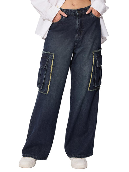 The Souled Store Wideleg Jeans : Sulphur Blue Wash Women and Girls Wide Leg Fit Cotton Cargo Jeans