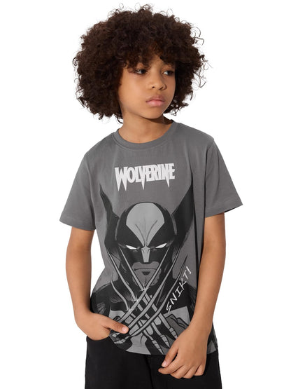 The Souled Store Official Marvel: Wolverine Young Boys Short Sleeve Round Neck Graphic Printed Regular Fit Cotton T-Shirts Grey