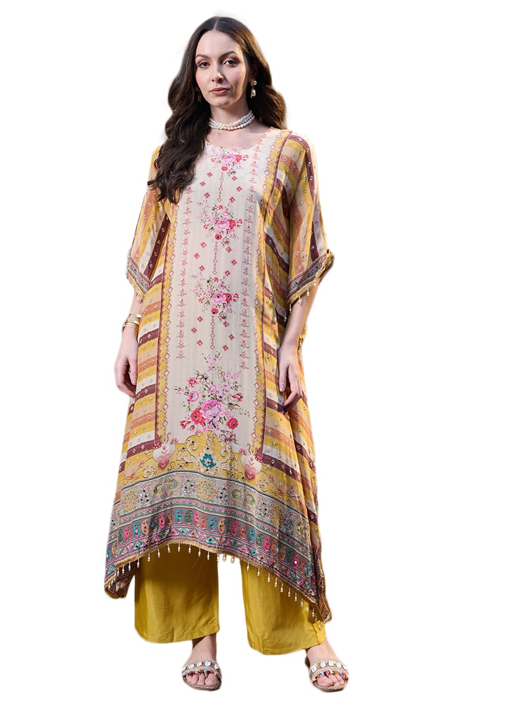 Stylum Womens Mirror Work Printed Silk Blend Kurti Pant Set