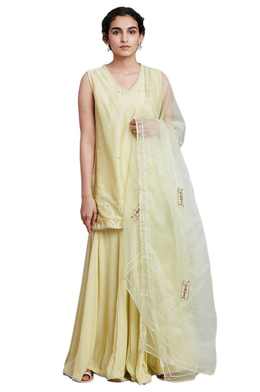 W for Woman Women's Cotton Blend Kurta, Sharara, Dupatta