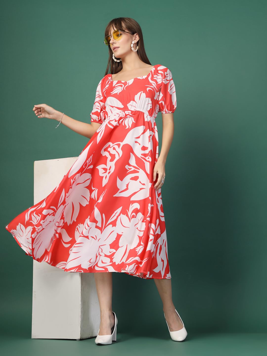 Oomph! Flared Dress For Women Stylish | Long One Piece For Women | Puff Sleeve Long Dress | Floral Print Maxi One Piece | Wester