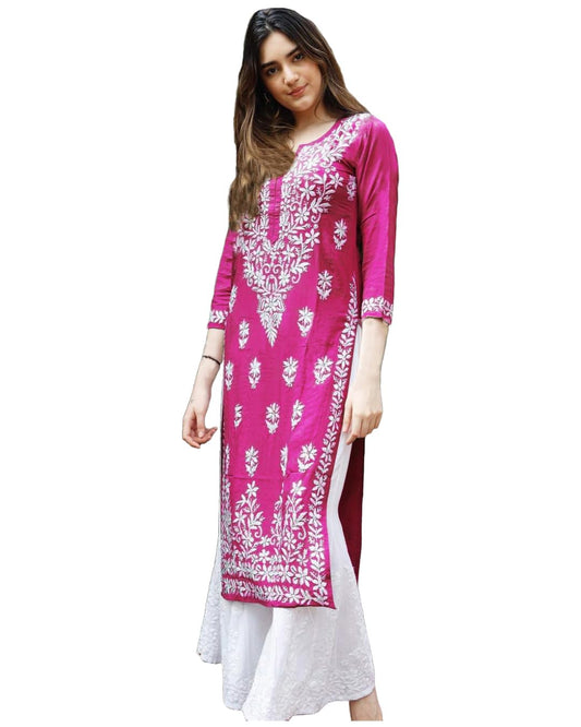Gosriki WomenS Rayon Blend Straight Chikankari Embroidered Kurta (Victoria Pink-Gs_4Xl_Beige_Xxxx-Large)