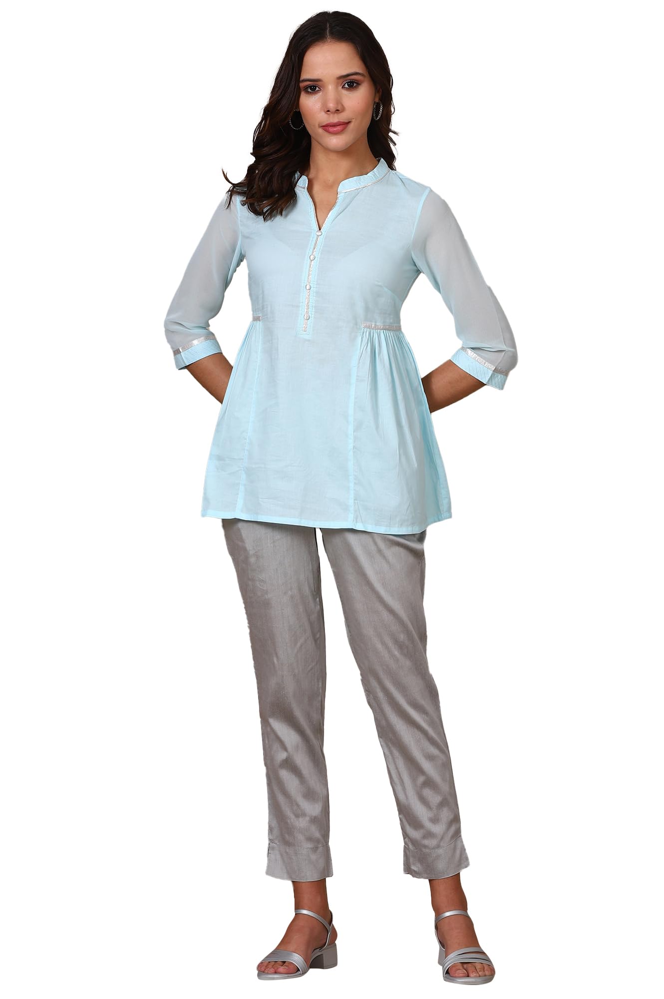 Aurelia Blue Gathered A-line Pure Cotton Top and Trousers Set (Size: M)-24ONAS30339-605335