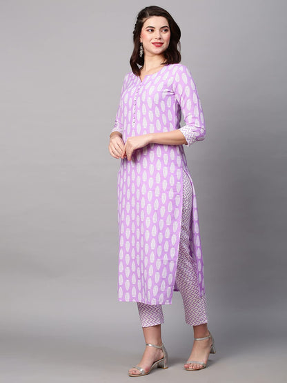 GoSriKi Women's Cotton Blend Printed Straight Kurta with Pant (Danapa Purple-Nw01-GS)