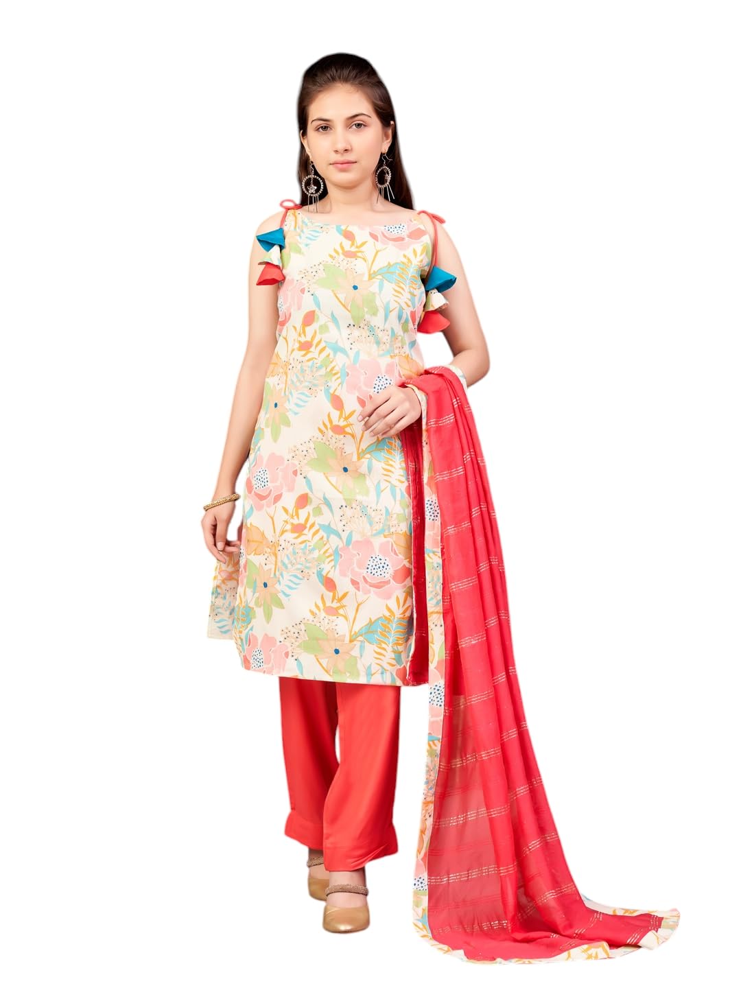 Aarika Girls Ethnic Wear Cream-Red Colour Floral Print Khadi Cotton Kurti Pant Set-8-15 Years (KP-TR-K-970)