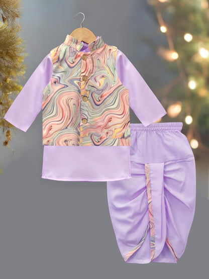 A.T.U.N. (All Things Uber Nice) Boys Mauve Kurta Dhoti With Swirl Printed Nehru Jacket (3 Piece Set)
