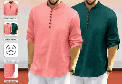 Royalscout MenS Cotton Polyester Blend Solid Regular Fit Full Sleeve Short Kurta | Ethnic, Lightweight Summer Kurta For Daily &