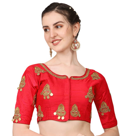Pujia Mills WomenS Silk Embroidery Maggam Lakshmi Coin Work Readymade Saree Blouse