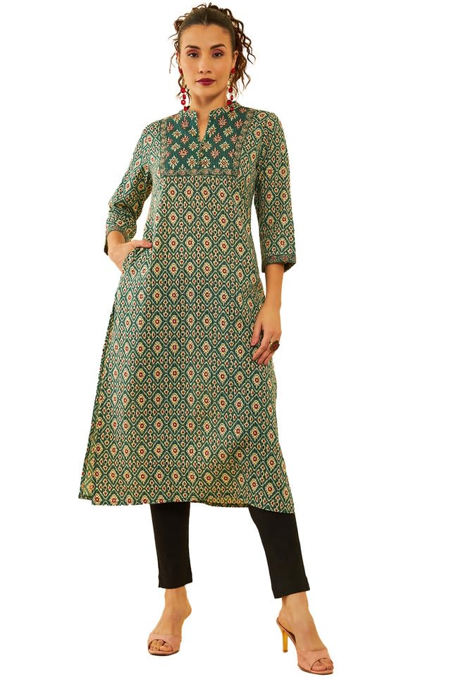 Soch Womens Green Cotton Ikat Printed Straight Kurta With Mirror Work