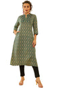 Soch Womens Green Cotton Ikat Printed Straight Kurta With Mirror Work