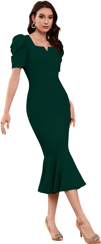 Satpurush WomenS Lycra Blend Sweet-Heart Neck Puff Sleeve Fit And Flared Calf Length Casual Bodycon Dress For Party, Office, Me