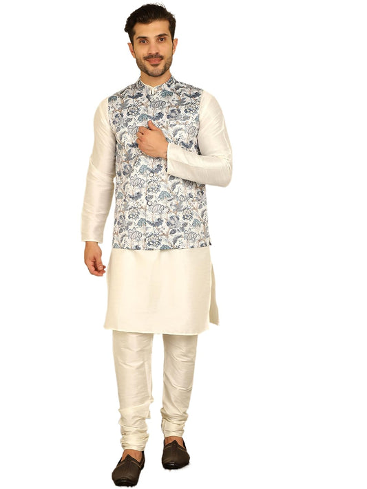 Jompers Mens Floral Printed Nehru Jacket With Kurta Pyjama Set