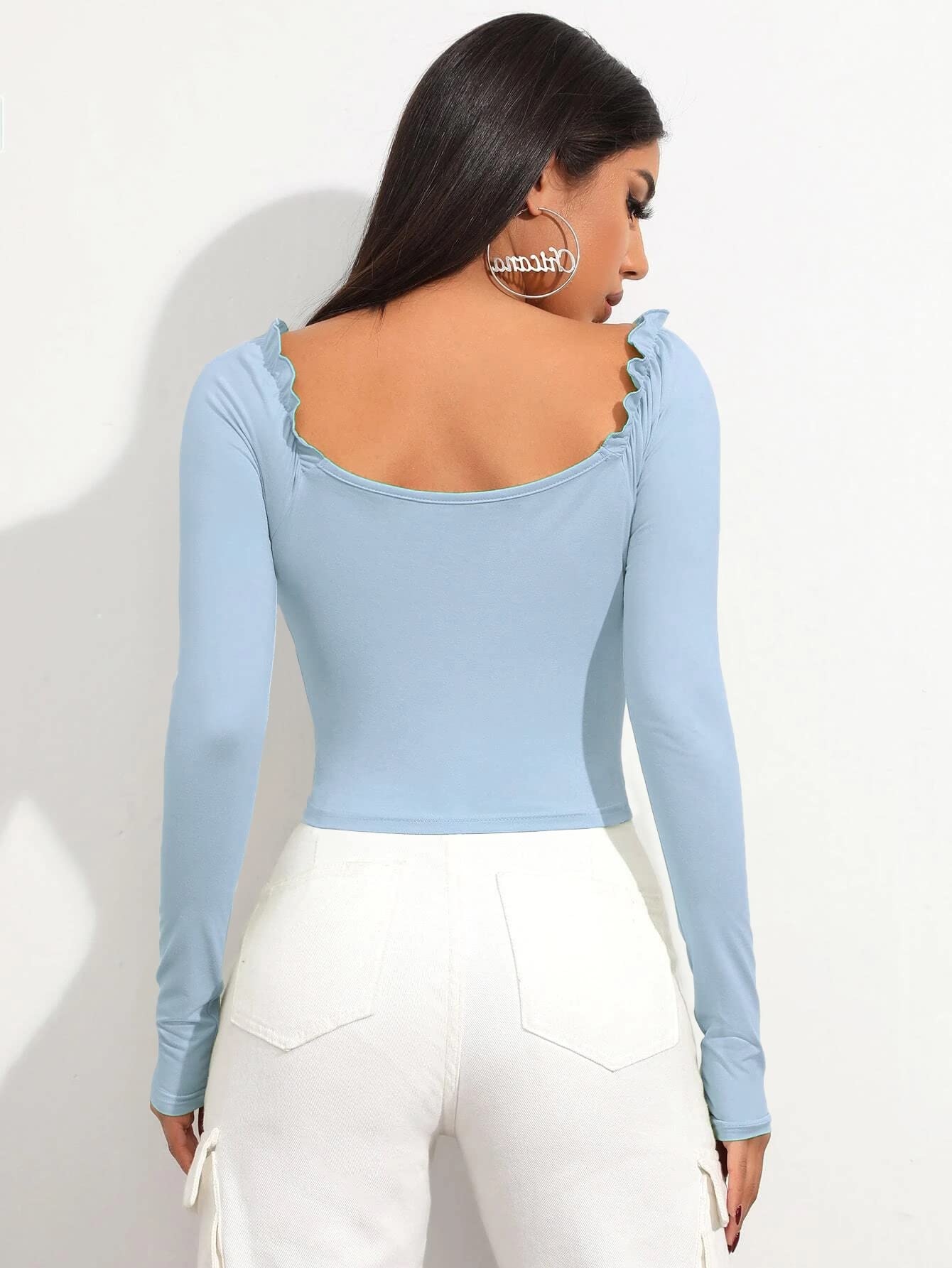 Shasmi Womens & Girls Sky Blue Full Sleeve, Sweat Hear Neck, Frill Trim Ruched Crop Top for Women, Tops, Slim Fit T-Shirts for