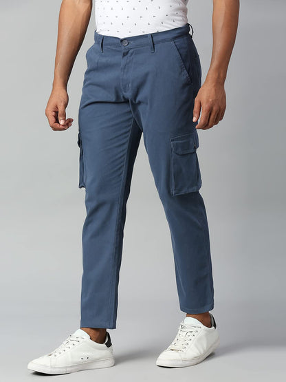 Dennis Lingo Mens Casual Solid Cotton Tapered Fit Mid Rise Ankle Length Multi-Pocket Stretchable Cargo Pant/Trousers (Petrol lB