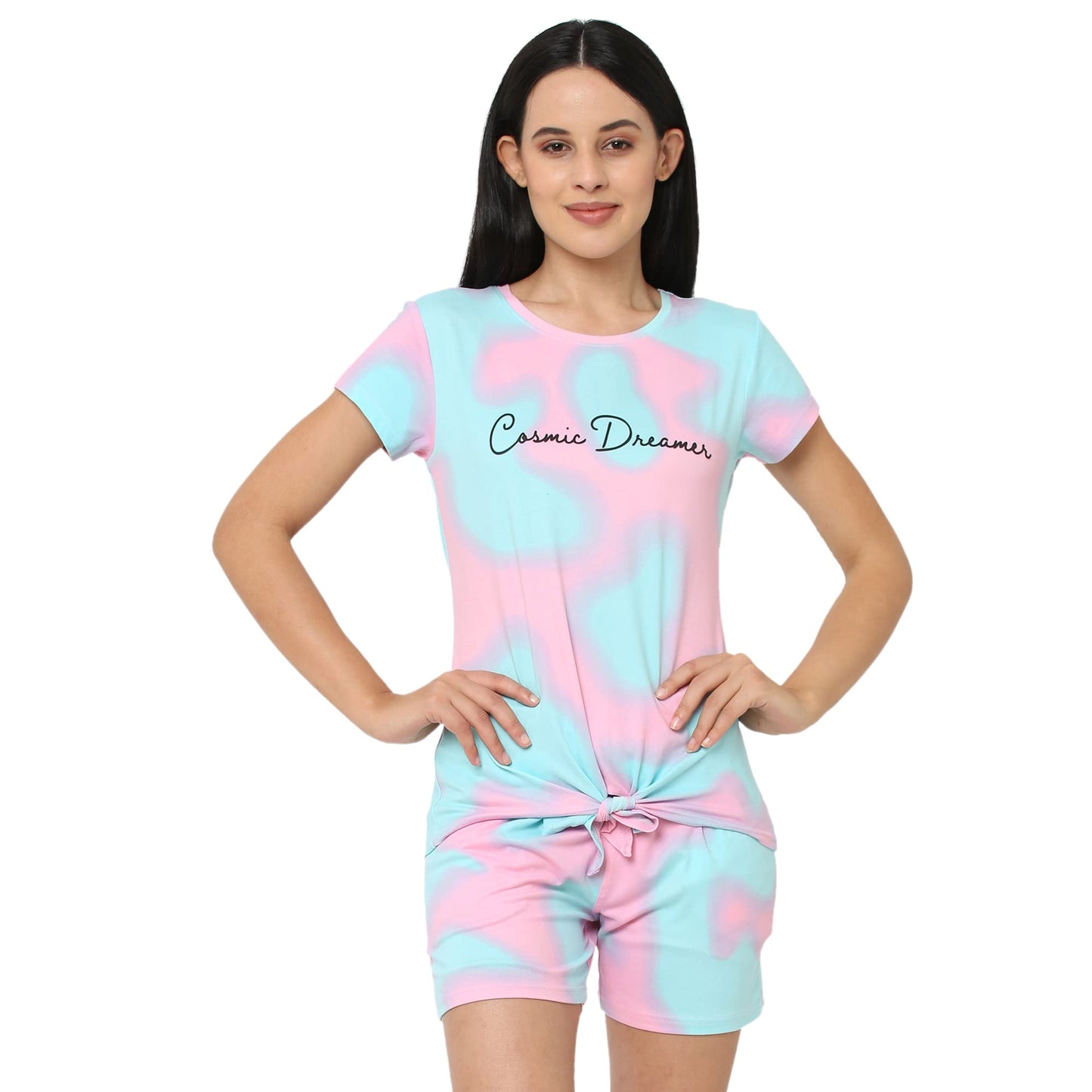 Sweet Dreams Women Tie & Dye Round Neck Half Sleeve Poly Brush Top & Bermuda Set-Blue