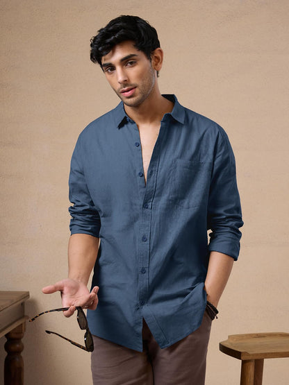 The Souled Store Solids Blue Men and Boys Relaxed Fit Full Slevees Cotton Shirt Shirts Casual Button-Down Half Sleeve Printed Gr