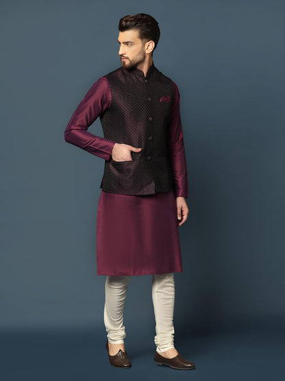 Kisah MenS Maroon Kurta Jacket Churidar Set Cotton Blend, Woven Design, Full Sleeves, Straight, Regular Fit, Mandarin Collar, E