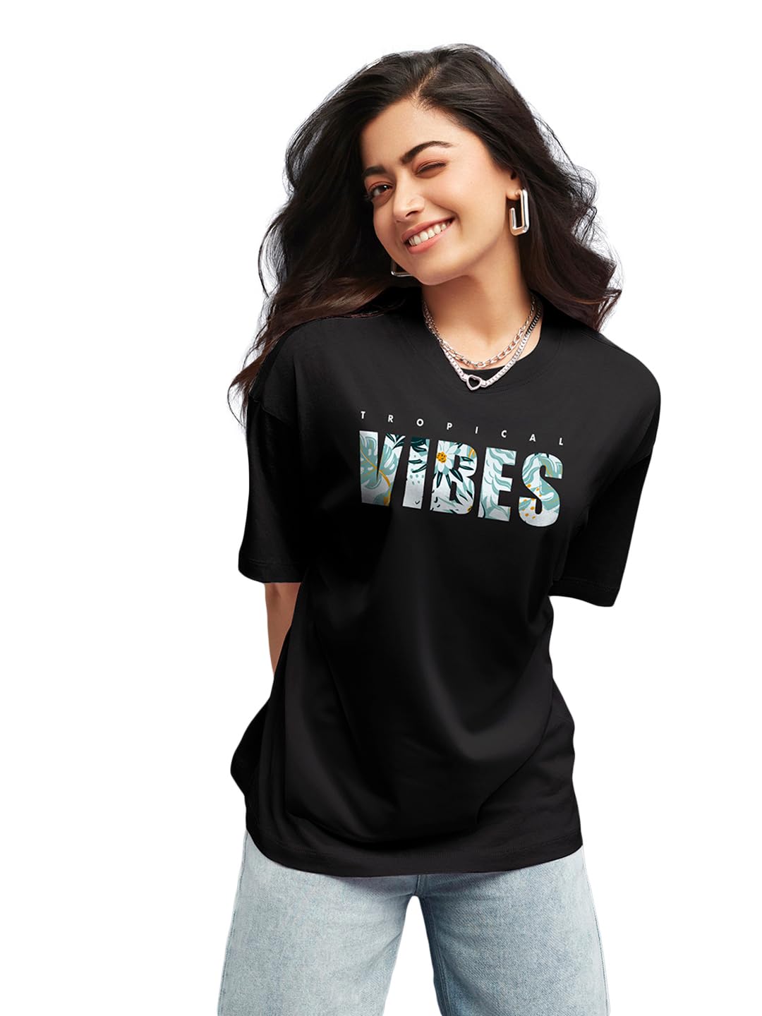 Bewakoof Womens Typography Oversized Fit Half Sleeve Round Neck Cotton T-Shirt