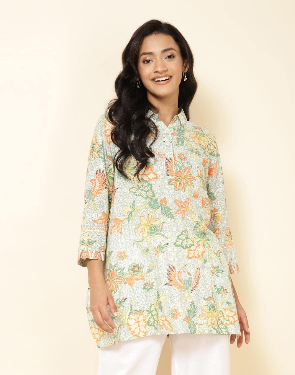 Fabindia Women's Printed Comfort Fit Tunic (1030634WHITE- Green-Orange