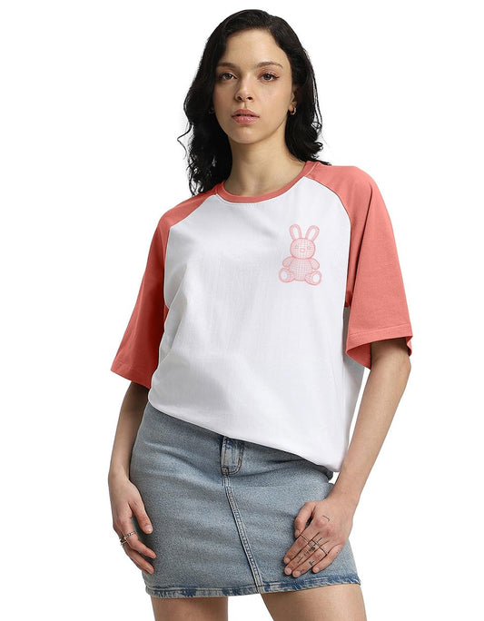 Juneberry 100% Pure Cotton Round Neck Oversized Fit Drop Shoulder Front Teddy Graphic Print White & Colorblocked Cork Color Half