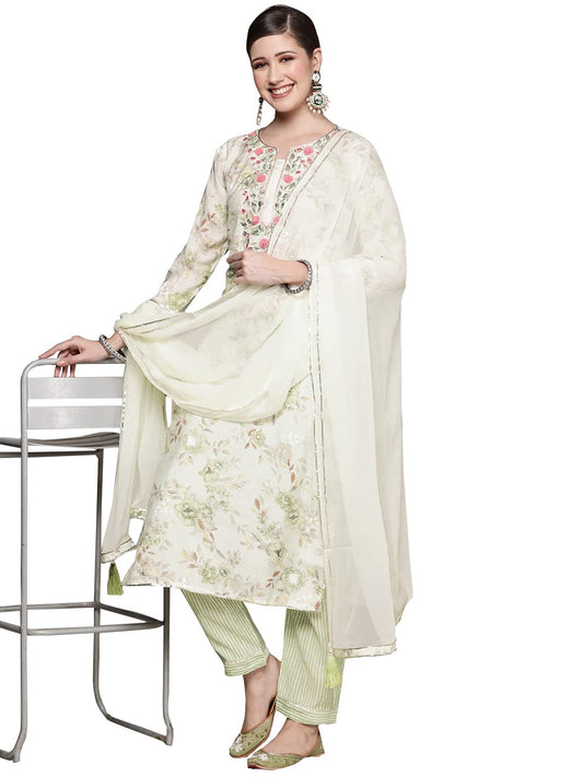 ishin Women's Off White Gotta patti A-Line Kurta set With Trouser and Dupatta