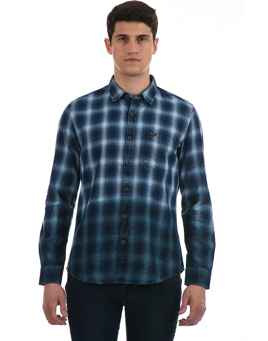 Pepe Jeans Men Checkered Regular Fit Casual Shirt(Pm306949_Indigo_Xl)