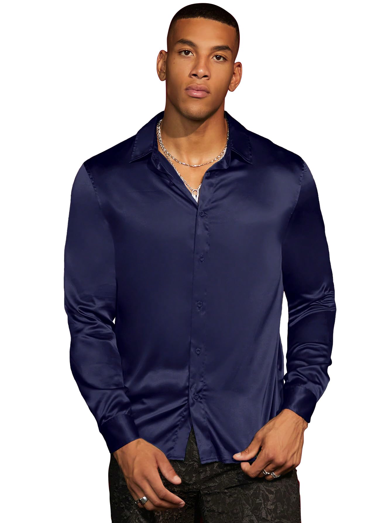 AVANOVA Mens Stylish Navy Blue Solid Satin Silk Casual Button Down Shirts Long Sleeve Shirt for Men Full Sleeves (Shirt 193 Nav