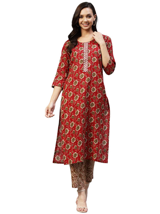 ANNI DESIGNER Women's Cotton Blend Printed Straight Kurta with Pant (Duran Red-NwFB01)
