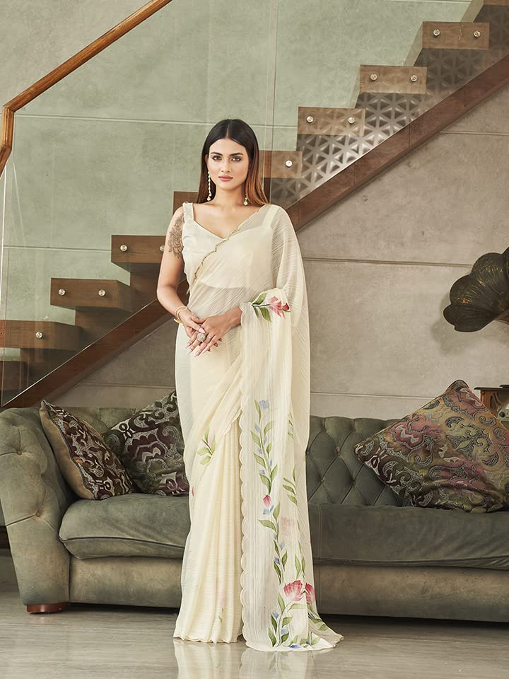 Womanista Womens Satin Hand Print Saree for Women | Fancy Floral Print Striped Saree (TI3313_Cream)