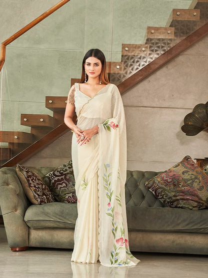 Womanista Womens Satin Hand Print Saree for Women | Fancy Floral Print Striped Saree (TI3313_Cream)