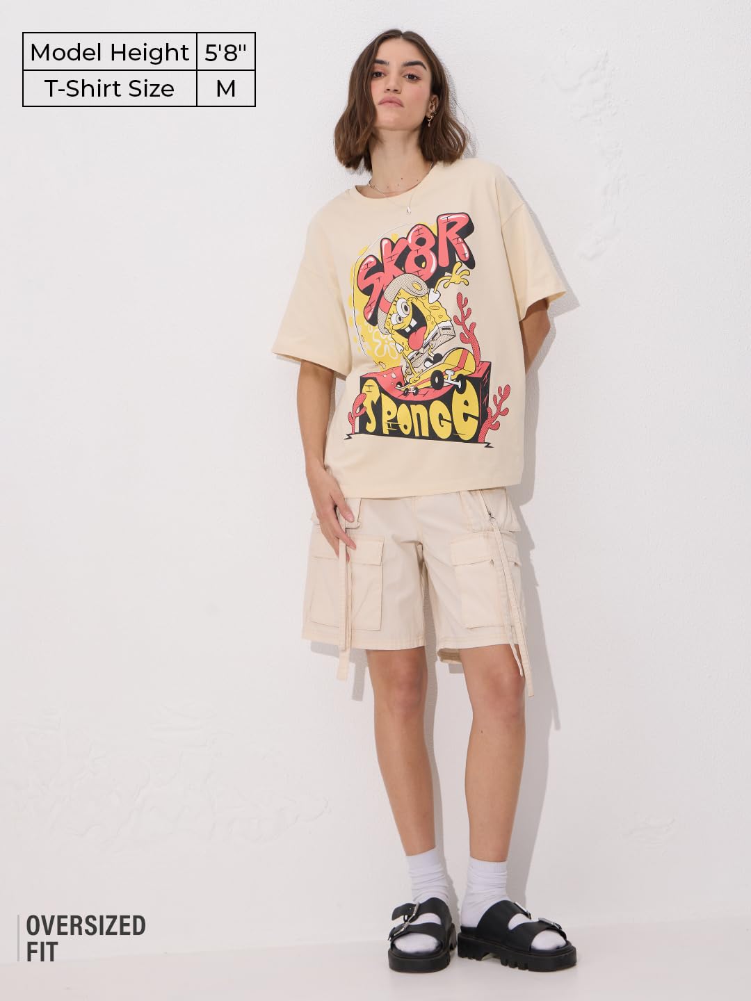 The Souled Store Official Spongebob: SK8R Women and Girls Short Sleeve Round Neck Graphic Printed Cotton Oversized T-Shirts Beig