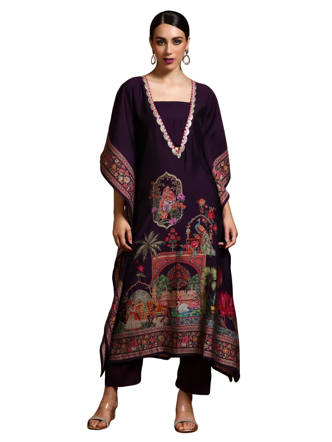 Varanga Women-Zari & Sequin Detailed Ethnic Printed Flared Kaftan With Trouser