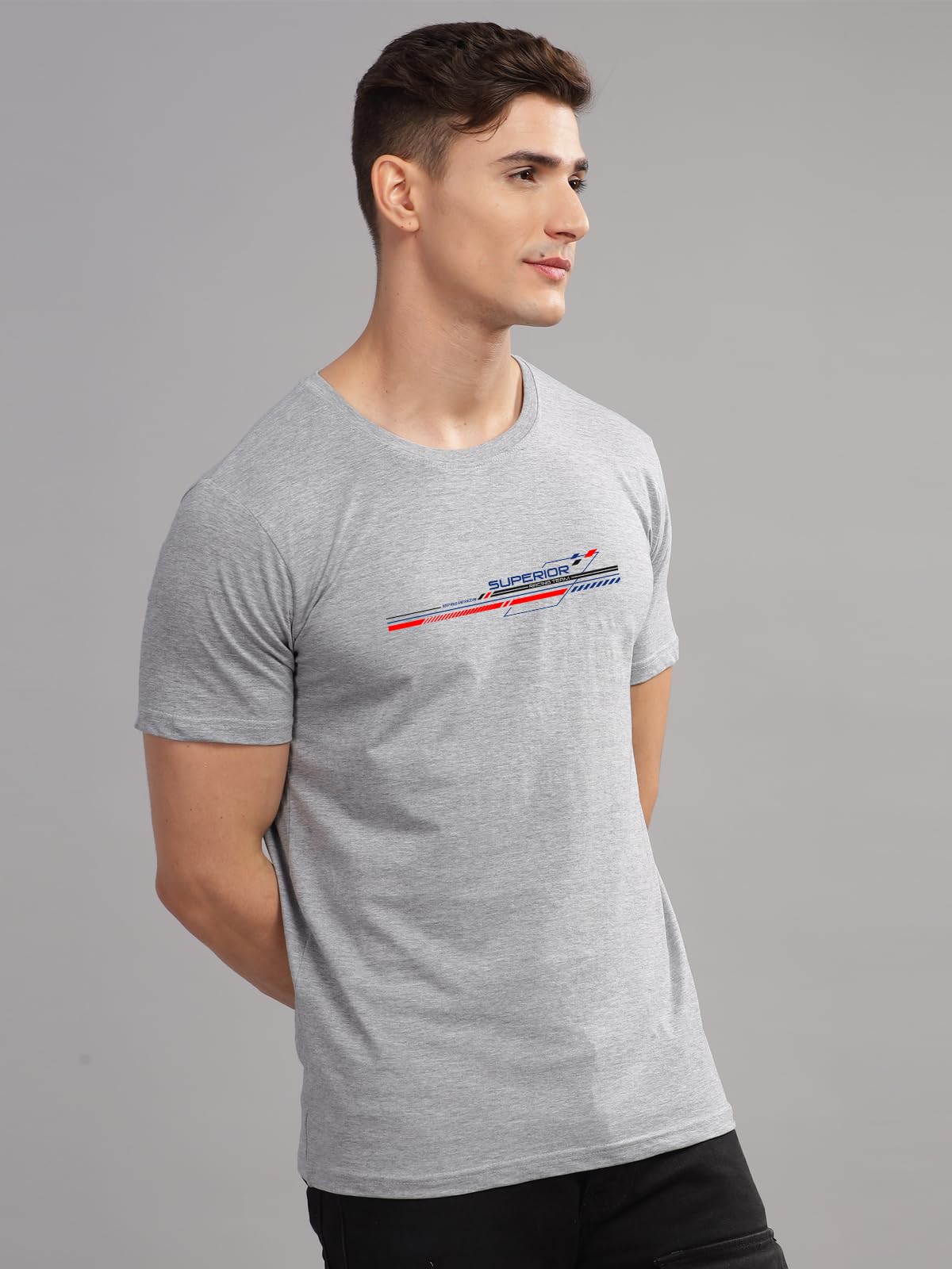 ADRO Men's Graphic Printed 100% Cotton T-Shirt - Regular Fit, Printed T-Shirts for Men (RN24-RAC-GR_Grey)