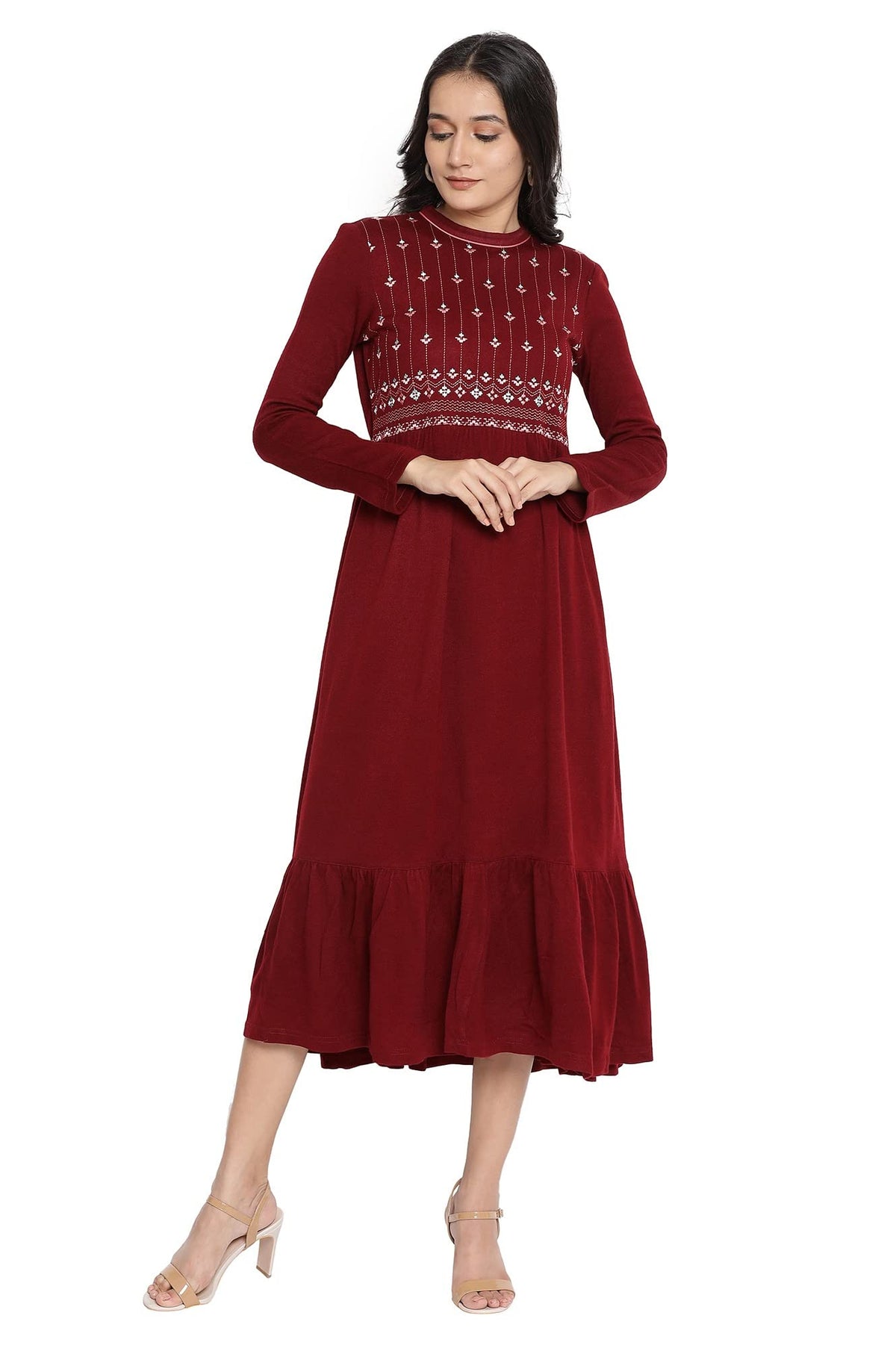 Aurelia WomenS Cotton Blend Maroon Acrylic Winter Dress Above The Knee (21Noa12800-702465 S)