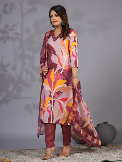 Gosriki Women'S Rayon Blend Printed Straight Kurta With Pant & Dupatta (Khissu Wine-Nw-Gs_Xl_Wine_X-Large)