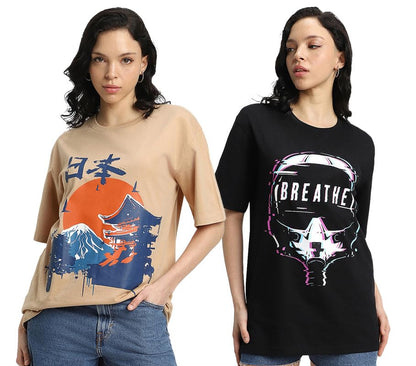Juneberry Pure 100% Cotton Oversized Loose Baggy Fit Drop Shoulder Latest Aesthetic & Cool Graphic Prinred Half Sleeve T-Shirts