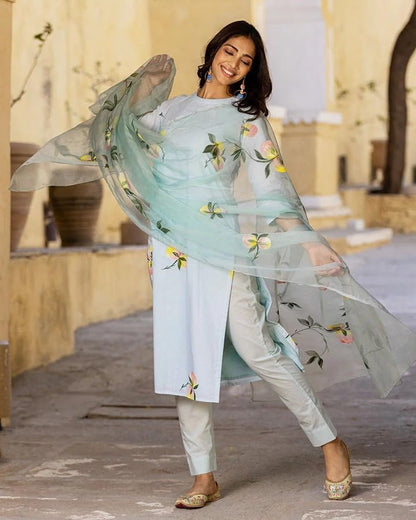 GoSriKi Women's Cotton Blend Straight Printed Kurta with Pant & Dupatta (Taral