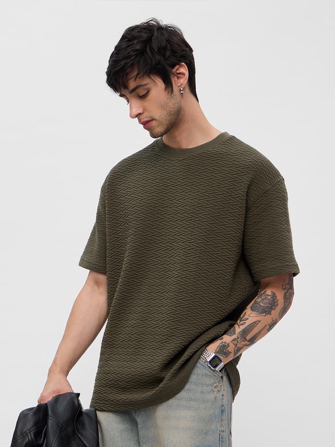 The Souled Store Textured T-Shirt: Olive Men and Boys Short Sleeves Round Neck Solid Cotton Blend Oversized T-Shirts