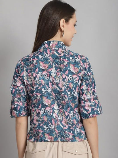 PATLANI Women s/Girl s Rayon Full Stitched Lightwait Casual Top with Digital Floral Print. Blue