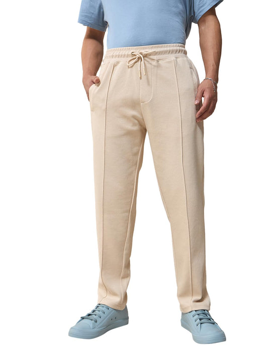 Bewakoof Mens Solid Regular Fit Cotton Blend Mid Rise Track Pant_617408_Beige_M