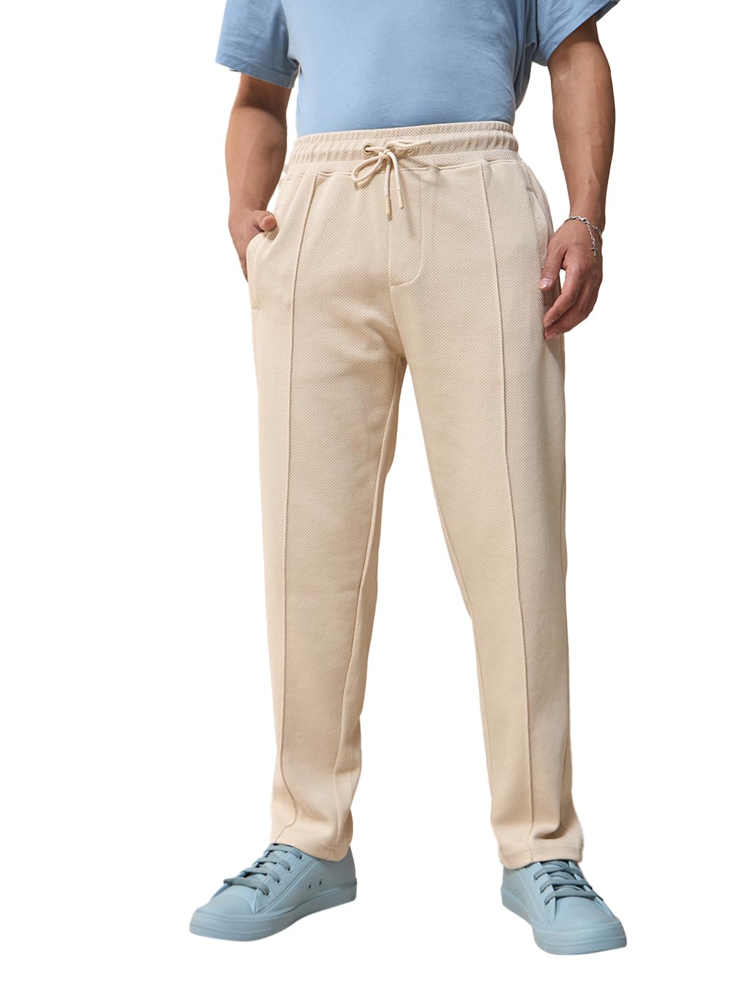 Bewakoof Mens Solid Regular Fit Mid Rise Cotton Blend Track Pant_617408_Beige_XL