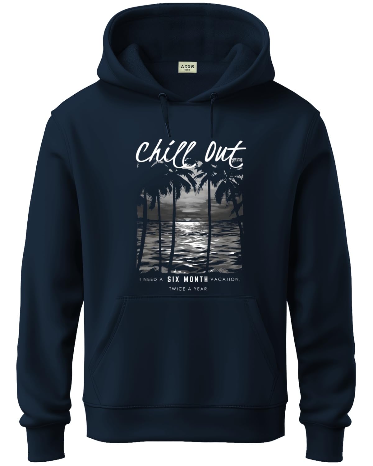 ADRO Men's Cotton Blend Neck Hooded Sweatshirt (H24-CHILL-NB_Navy Blue