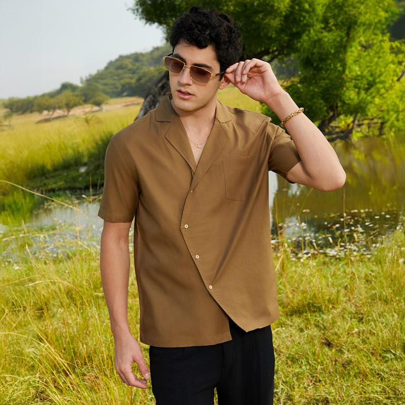 Campus Sutra MenS Camel Brown Asymmetrical Cuban Shirt For Casual Wear | Cuban Collar | Short Regular Sleeves | Button Closure