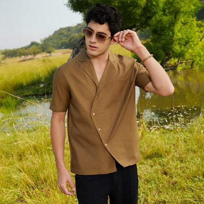 Campus Sutra MenS Camel Brown Asymmetrical Cuban Shirt For Casual Wear | Cuban Collar | Short Regular Sleeves | Button Closure