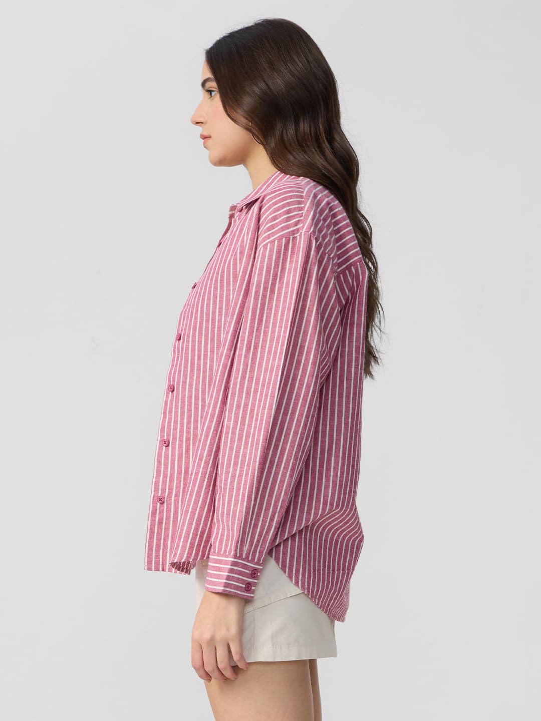 The Souled Store Cotton Linen Stripes: Roselle Women and Girls Long Sleeves Collared Neck Button Front Pink Cotton Linen Boyfrie