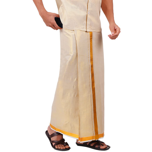 Prakasam Cotton Tissue Gold Readymade Welcro Pocket Jari (50K) Solid Men Dhoti/Tissue 8 Mulam (Double) Readymade Pocket Dhoti