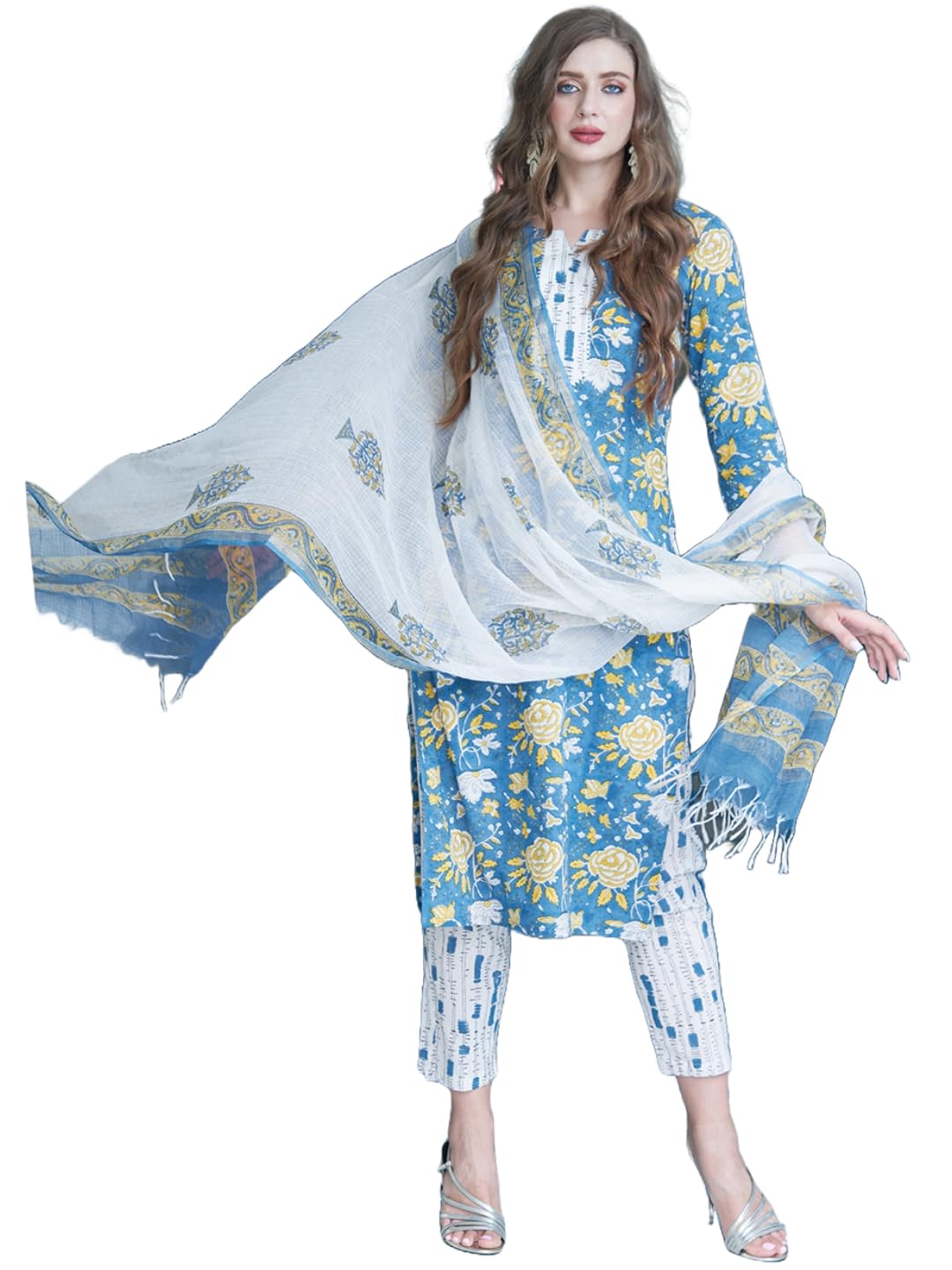ANNI DESIGNER Ladies Cotton Blend Kurta with Trousers and Dupatta, Light Brown::Blue, S